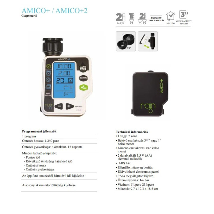 RAIN AMICO+ 2 zónás csapra szerelhető vezérlő